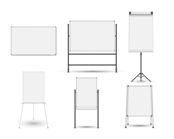 Collection different realistic whiteboard vector illustration. Set of blank magnetic board with metal frame, on tripod, hanged on wall isolated on white. Equipment for seminar, presentation, training